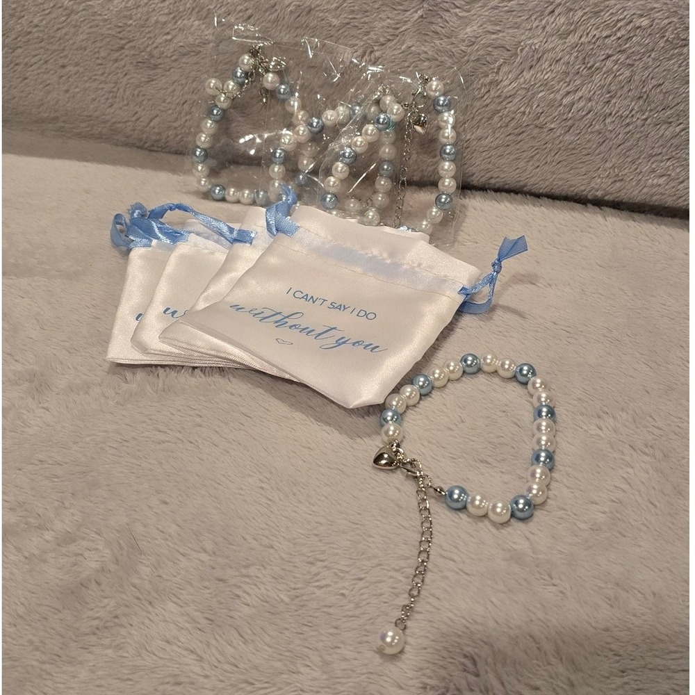 Bridesmaid Something Blue Proposal Pearl Bracelet Heart Charm Satin Pouch 4pc